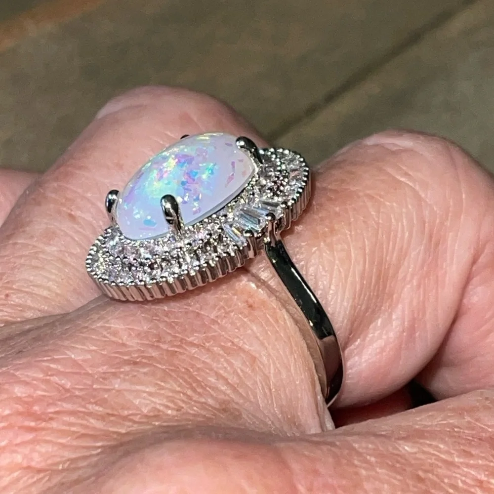 Fire Opal, Lab Created, Cubic Zirconia, Halo, Oval Cut Baguette Ring, Sz 7